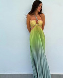Gradient Color Halterneck Pleated Maxi Dress GLYK-LX078