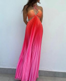 Gradient Color Halterneck Pleated Maxi Dress GLYK-LX078