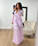 Patchwork Long Sleeve V Neck Maxi Dress GLYK-LX067