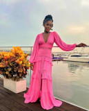 Patchwork Long Sleeve V Neck Maxi Dress GLYK-LX067