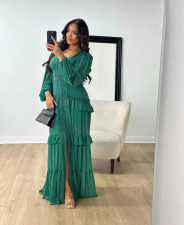 Patchwork Long Sleeve V Neck Maxi Dress GLYK-LX067