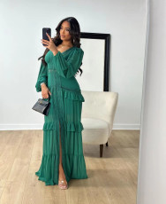 Patchwork Long Sleeve V Neck Maxi Dress GLYK-LX067