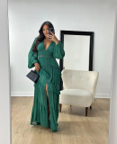 Patchwork Long Sleeve V Neck Maxi Dress GLYK-LX067