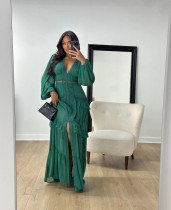 Patchwork Long Sleeve V Neck Maxi Dress GLYK-LX067