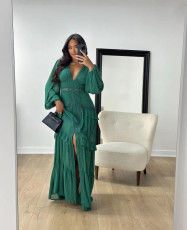 Patchwork Long Sleeve V Neck Maxi Dress GLYK-LX067