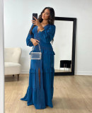Patchwork Long Sleeve V Neck Maxi Dress GLYK-LX067