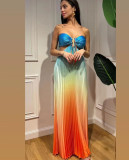 Gradient Color Halterneck Pleated Maxi Dress GLYK-LX078
