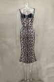 Leopard Print Lace Sling Midi Dress GLYK-LX0130