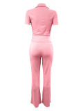 Lapel Short Sleeve Solid Color Pants Suit QY-S391114