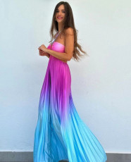 Gradient Color Halterneck Pleated Maxi Dress GLYK-LX078