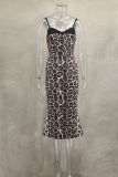 Leopard Print Lace Sling Midi Dress GLYK-LX0130