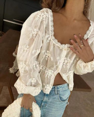 U Neck Loose Embroidered Long Sleeve Shirt GLYK-LX065