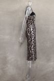 Leopard Print Lace Sling Midi Dress GLYK-LX0130