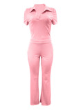 Lapel Short Sleeve Solid Color Pants Suit QY-S391114