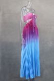 Gradient Color Halterneck Pleated Maxi Dress GLYK-LX078