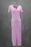 Short Sleeve V Neck Midi Dress GLYK-LX070