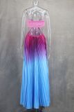 Gradient Color Halterneck Pleated Maxi Dress GLYK-LX078
