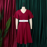 Plus Size Solid Color Flare Sleeve Midi Dress GCZF-8624