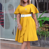 Plus Size Solid Color Flare Sleeve Midi Dress GCZF-8624