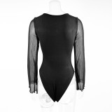 Sexy U Neck Patchwork Mesh Sleeve Bodysuit GZJF-ZJ12012