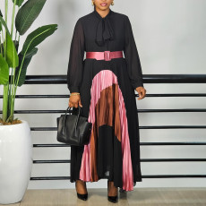 Plus Size Color Block Press Pleated Maxi Dress GCZF-8623