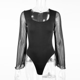 Sexy U Neck Patchwork Mesh Sleeve Bodysuit GZJF-ZJ12012