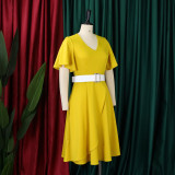 Plus Size Solid Color Flare Sleeve Midi Dress GCZF-8624