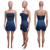 Fashion Denim Washed One Shoulder Mini Dress LX-6991