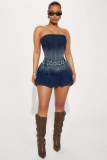 Fashion Denim Washed One Shoulder Mini Dress LX-6991