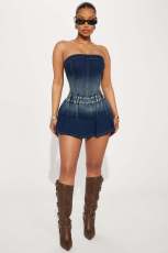 Fashion Denim Washed One Shoulder Mini Dress LX-6991