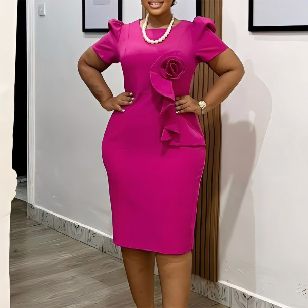 Plus Size Ruffles Solid Color Short Sleeve Midi Dress GATE-D571