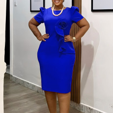 Plus Size Ruffles Solid Color Short Sleeve Midi Dress GATE-D571