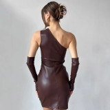 Slash Neck PU Leather Mini Dress GPBY-17189