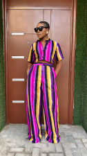 Stripe Print Short Sleeve Loose Two Piece Pants Set GFDY-1321