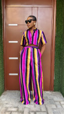Stripe Print Short Sleeve Loose Two Piece Pants Set GFDY-1321