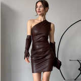 Slash Neck PU Leather Mini Dress GPBY-17189