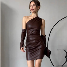 Slash Neck PU Leather Mini Dress GPBY-17189