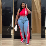Casual Webbing Loose Spliced Denim Wide Leg Pants Set TR-1323