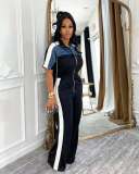 Short Sleeve Color Block Patchwork Jumpsuit OLYF-6174