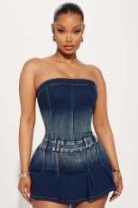 Fashion Denim Washed One Shoulder Mini Dress LX-6991