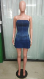 Fashion Denim Washed One Shoulder Mini Dress LX-6991