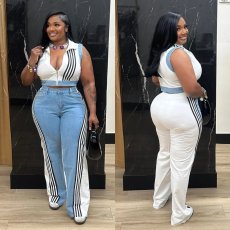 Casual Webbing Loose Spliced Denim Wide Leg Pants Set TR-1323