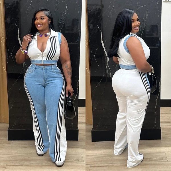 Casual Webbing Loose Spliced Denim Wide Leg Pants Set TR-1323