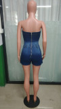 Fashion Denim Washed One Shoulder Mini Dress LX-6991
