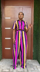 Stripe Print Short Sleeve Loose Two Piece Pants Set GFDY-1321