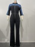 Short Sleeve Color Block Patchwork Jumpsuit OLYF-6174