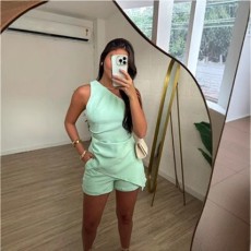 Solid Color Slash Shoulder Zipper Two Piece Shorts Set GDIM-2506