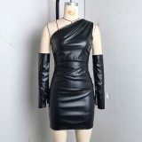 Slash Neck PU Leather Mini Dress GPBY-17189