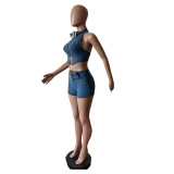 Halterneck Backless Tops And Shorts Denim Suit MEM-88631