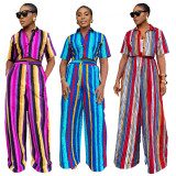 Stripe Print Short Sleeve Loose Two Piece Pants Set GFDY-1321